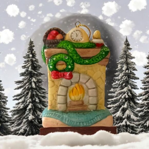 Fireplace Christmas Ornament Ceramic Bisque Porcelain Painted Vtg 80s Holiday. - Picture 10 of 13